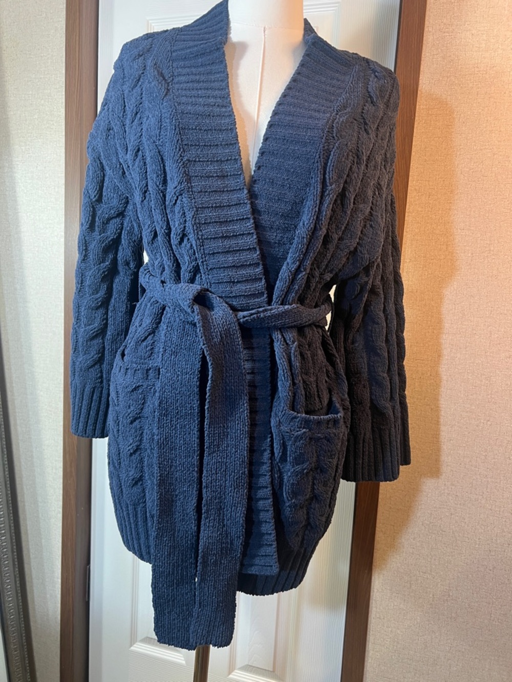 Tommy Bahama Navy Cable-Knit Belted Cardigan